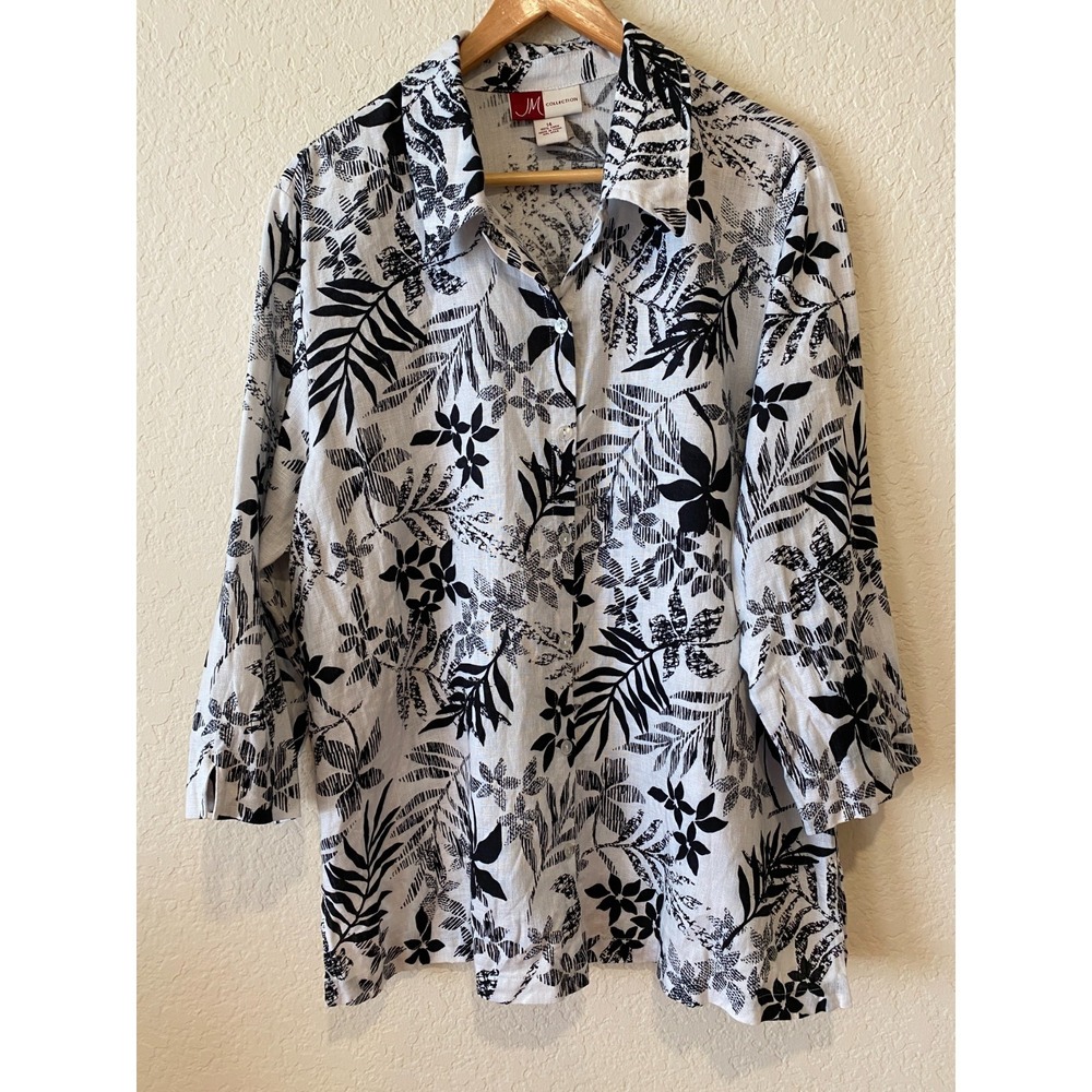 JM Collection Black White Floral Print Linen Shirt Sz 14 Button Up Beach Resort
